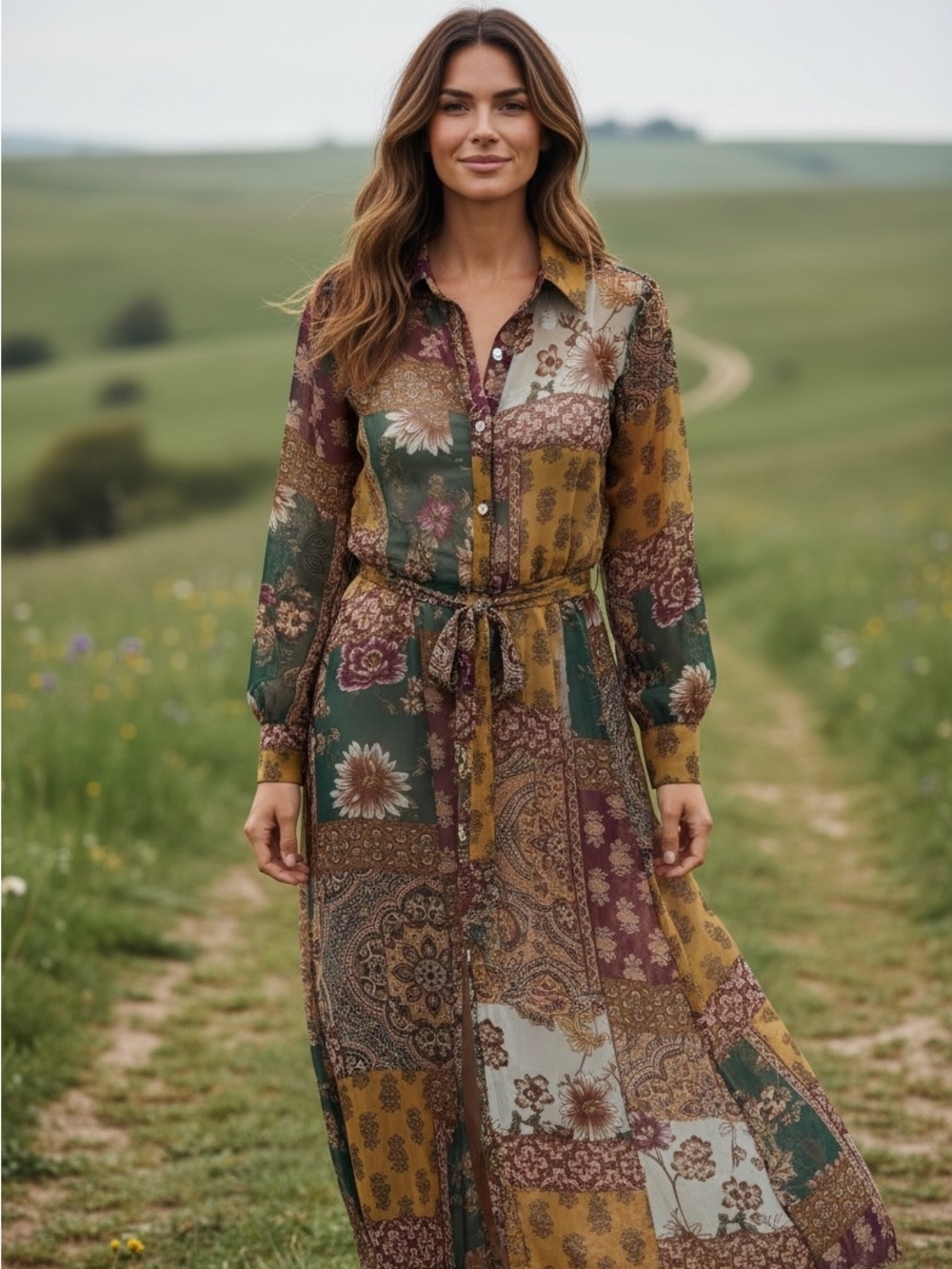 Boho Patchwork Floral Maxi Dress in Green & Mustard